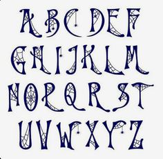 an old english alphabet with spider webs on the upper and lower letters, all in blue