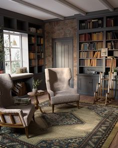 a living room filled with furniture and bookshelves