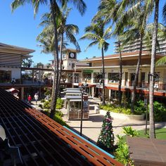 an outdoor shopping mall with palm trees in the foreground