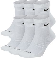 The Nike Everyday Plus Cushioned Socks bring comfort to your workout with extra cushioning under the heel and forefoot and a snug, supportive arch band. Sweat-wicking power and breathability up top help keep your feet dry and cool to help push you through that extra set. Fit & Design Cushioning under the forefoot and heel helps soften the impact of your workout Dri-FIT technology helps your feet stay dry and comfortable Band around the arch feels snug and supportive Breathable knit pattern on to Nike Ankle Socks, White Nike Socks, Quarter Socks, Nike Socks, White Socks, White Nike, Athletic Socks, Nike Store, Black White Fashion