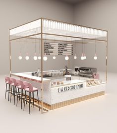 an ice cream shop with pink chairs and lights hanging from it's ceiling above the counter