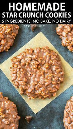 homemade star crunch cookies with chocolate chips on top and the title overlay reads, homemade star crunch cookies 5 ingredients, no bake, no dairy