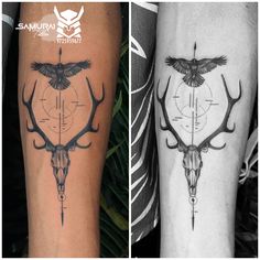 two different tattoos on the legs of people with deer heads and arrows, one in black and white