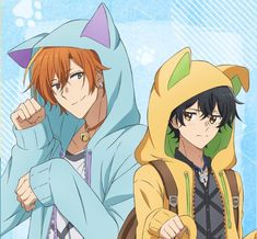 two anime characters wearing hoodies and one is pointing at the camera with his finger