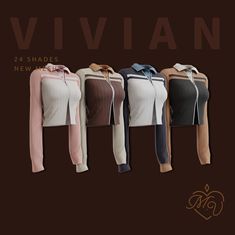 four women's sweaters in different colors and sizes, with the name vivien on them