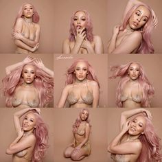 several photos of a woman with pink hair and bras, posing for the camera