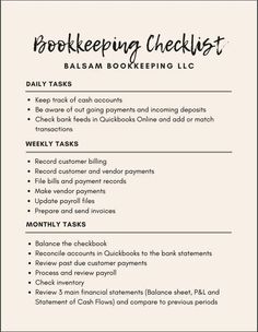 the bookkeeper checklist for balsam bookshelping, with text overlaying it