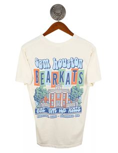 SHSU Groovy Landmark - Barefoot Campus Outfitter Graphic Print T-shirt For Spring Fan Apparel, School Spirit Graphic Print Relaxed Shirt, School Spirit Graphic Print Relaxed Fit Shirt, School Spirit Shirt With Graphic Print, Retro T-shirt For Game Day In Summer, Graphic Tee For Game Day In Spring, Spring Game Day Graphic Tee, Summer School Spirit Graphic Print Tops, Game Day Graphic Print Short Sleeve Shirt