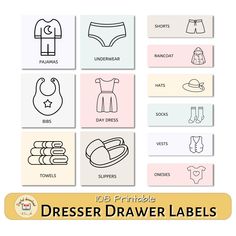 "🏪  Discover the Treasures of Educational Printables at our SHOP on www.etsy.com/shop/MinsaArts 🏷️ HUGU DISCOUNT 60% OFF - \"Unbeatable Value: Buy More, Pay Less!\" A Dresser drawer label system helps find the clothes they want without tearing everything out of the bin. This listing contains 108 Printable Kid's clothing labels. 🔸INSTANT DOWNLOAD This is a DIGITAL FILE (NOT PHYSICAL). You don't have to wait for delivery! 🔸WHAT YOU WILL GET - 2 PDF files of letter size - 10 pages for 2.25 x2.25 inch labels - 6 pages for 3x1 inch ✅ My shop accepts all major CARDS through PayPal. You do not need a PayPal account to purchase items from my shop. 1) Click on \"Check out with PayPal\" 2) Then click on \"Pay with Debit or Credit Card\" 🔸PAPER SIZE - Letter size (8.5 x 11 inches) *It is highly Cricut Drawer Labels, Kids Clothing Labels, Drawer Labels, Label Printable, File Drawer, Printable Kids, Dresser Drawer, Educational Printables, Drawing Templates