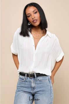 The styling possibilities are endless with the Lulus Everlee White Striped Button-Up Top! Semi-sheer woven fabric, with a subtle striped pattern, shapes this cute top with a collared neckline and short, cuffed sleeves. Relaxed bodice, with a full button placket down the front, tucks perfectly into your favorite high-waisted bottoms thanks to a rounded hem that's slightly longer at back. Camisole not included. Fit: This garment fits true to size. Length: Above mid-thigh. Size medium measures 26.5 Short Sleeve Shirt Outfit, Button Down Outfit, White Short Sleeve Shirt, School Clothes, Comfortable Room, Black Joggers, Casual Summer Outfit, Short Sleeve Button Up, Cute Top