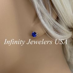 "The earrings pictured are lab created blue sapphire #5791 We feature the finest quality lab grown sapphires in the world. The properties of lab-grown are physically, chemically and visually identical to natural, just grown in a lab setting. -Approximate total carat weight: 1.00ctw diamond equivalent -Stone Size: approx. 0.50ct each diamond equivalent -Stone Shape: round 5mm each -Gem Type: lab created blue sapphire -Stone Clarity: VS2 -Stone Color: Blue -Moh's Scale: 9 hardness -Metal Type and Blue Sapphire Earrings, Blue Sapphire Studs, Sapphire Stud Earrings, Sapphire Earrings Studs, White Gold Studs, Sapphire Studs, White Gold Set, Round Stud Earrings, Birthstone Earring