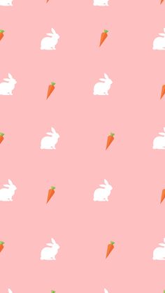 a pink background with white rabbits and carrots