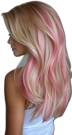 Blonde Hair With Some Pink, Cowgirl Hair Color Ideas, White Blonde Hair With Pink Highlights, Long Hair With Pink Highlights, Subtle Pink Highlights Blondes, Fall Blonde Hair Ideas, Colored Highlights For Blondes, Blonde Hair With Pink Streaks, Blonde Hair With Colored Highlights