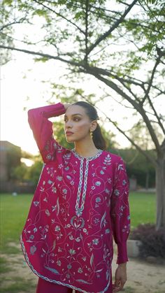 Asya (A) – Sania Maskatiya International Pink Embroidered Lawn Suit, Silk Long Sleeve Pink Sets, Pink Silk Long Sleeve Sets, Pink Lawn Suit With Dabka And Long Sleeves, Pink Long-sleeved Lawn Suit With Dabka, Pink Long Sleeve Lawn Suit With Dabka Work, Pink Long Sleeve Lawn Suit With Dabka, Pink Long Sleeve Raw Silk Set, Elegant Pink Kurta With Floral Embroidery