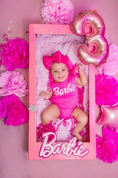 6 Month Baby Picture Ideas, Barbie Theme Party, Baby Gift Hampers, Barbie Theme, Half Birthday, Fun Photoshoot