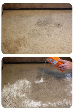 two pictures showing how to clean carpet with an orange sprayer on the top and bottom