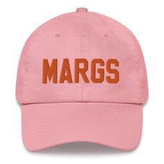 This cute margs dad hat is perfect for sipping margaritas on the patio! The bright orange embroidery stands out beautifully on all colors of the dad hat!  * 100% chino cotton twill * Unstructured, 6-panel, low-profile * 6 embroidered eyelets * 3 ⅛" (7.6 cm) crown * Adjustable strap with antique buckle See more fabulous products at my shop: www.etsy.com/shop/QueenBeaDesignCo?ref=seller-platform-mcnav&section_id=42583117 This product is made especially for you as soon as you place an order, which Curved Brim Hat With Embroidered Logo For Gift, Curved Brim Hat With Embroidered Logo As Gift, Margarita Gifts, Summer Hats, Bright Orange, Tequila, Trucker Cap, Dad Hats, Cotton Twill