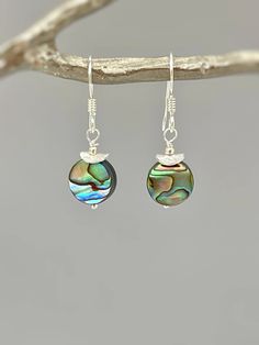 Handmade Abalone Dangle Earrings.   Iridescent abalone shell rounds are set in your choice of 14k gold fill, sterling silver, or rose gold fill and hang from your choice of leverbacks or French hook ear wires.   Simple, elegant earrings perfect summer or beach wedding earrings. The matching necklace is available for purchase separately in our store. Abalone drops are dainty - about 3/8" wide Overall Earring length - 1 1/4" long PLEASE note measurements and size reference pictures. Our jewelry an Silver Dangle Jewelry With Shell, Shell Dangle Jewelry For Gifts, Shell Dangle Jewelry Gift, Iridescent Round Jewelry With Ear Wire, Iridescent Pearl Drop Earrings As Gift, Iridescent Pearl Drop Earrings For Gift, Iridescent Mother Of Pearl Jewelry With Matching Earrings, Silver Jewelry With Abalone Shell Ear Wire, Elegant Nickel-free Shell Jewelry