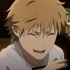 an anime character with his eyes closed and mouth wide open, looking at the camera