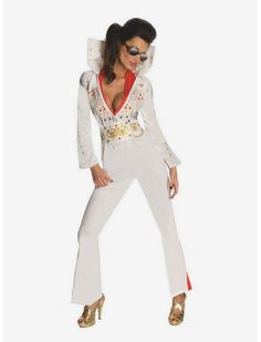 a woman in white elvis costume posing for the camera