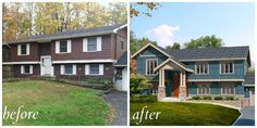 before and after photos of a house with grass in the front yard, and on the side