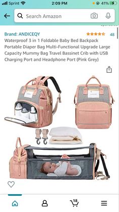 an image of a baby in a diaper bag with other items on the screen