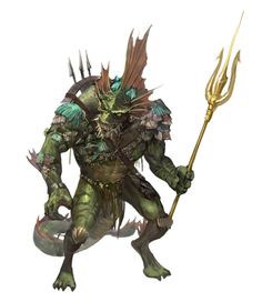 a green creature with horns and wings holding a spear in his hand, while standing on one leg