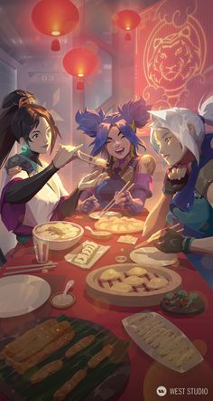 three women sitting at a table with plates of food and drinks in front of them