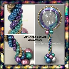 three pictures of different colored balls and beads in the shape of a ballon,