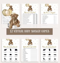 baby shower games with teddy bear and balloons on them, including the birth announcement card