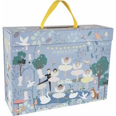 a blue box with white swans and trees on the front, yellow handle is shown