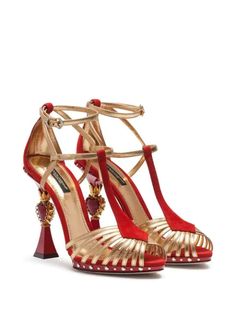 Shop black & metallic Dolce & Gabbana Bette sculpted heel sandals with Express Delivery - Farfetch Red And Gold Heels, Dolce And Gabbana Aesthetic, Nina Zenik, Feather Sandals, Chic High Heels, Heart Shoes, Dolce Gabbana Shoes, Wedges Sandals, Red Heels