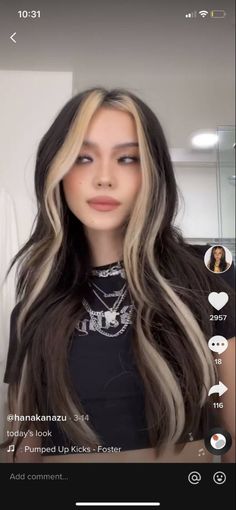 Dyed Hair For Straight Hair, Blonde Front Streak Brown Hair, Brown Front Pieces Hair, Black Hair Blond Money Piece, Front Hair Blonde Streaks, Blonde Steaks With Black Hair, Dark Brown Hair Blonde Front Pieces, Blonde And Brunette Color Block Hair, Bleached Bottom Of Hair