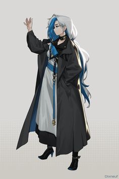 an anime character dressed in black and white with blue hair, wearing a long coat