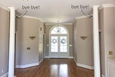 an empty hallway with two white pillars and the words bye bye