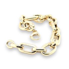 A stunning 14k yellow gold bracelet with large links that exudes timeless elegance and modern style. Its alternating oval and round links create a captivating design that catches the eye. Crafted with a hollow construction, this bracelet offers a big, bold look without the hefty weight, making it an excellent value for the money. The XL lobster clasp ensures a secure and convenient closure, making it easy to put on and take off. With a length of 7.5 inches, this bracelet is designed for a classi Modern Gold Oval Link Bracelet With Polished Finish, Formal Gold Bracelet With Oval Link And Hooks, Formal Gold Bracelet With Chunky Oval Link Chain, Timeless Bracelet With Chunky Chain And Oval Link, Formal Gold Oval Link Bracelet With Hook, Luxury Oval Link Chain Bracelet With Hooks, Modern Oval Link Chain Bracelet With Polished Finish, Modern Oval Gold Chain Bracelets, Modern Gold Chain Oval Bracelet