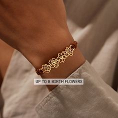 The Personalised Birth flowers Bracelet is a modern design of delicate flower charms which represent your family and friends. A perfectly unique gift for the most special person in your life to cherish forever. ► PRODUCT INFORMATION * Material: High Quality Solid 925 Sterling Silver & Coated Leather * Finishing: Silver, Gold or Rose Gold. * Up to 8 birth flowers * Dimension: Birth flower measure approx 9-10mm * All of our jewelry are handmade from scratch and packaged with care in our workshop. Adjustable Flower Bracelets For Mother's Day, Adjustable Bracelet With Flower Charm, Adjustable Bracelet With Flower Decoration, Gold Bracelets With Flower Decoration As Gift, Adjustable Rose Gold Bracelet With Flower Charm, Mother's Day Gift Bracelets With Flower Shape, Adjustable Rose Gold Flower Bracelets, Adjustable Rose Gold Flower Bracelet, Gift Flower-shaped Bracelet For Mother's Day