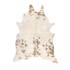 a white and brown cowhide rug with spots on it's back, against a white background