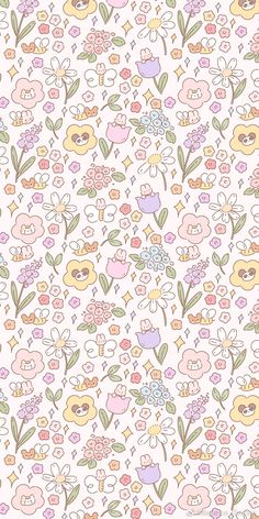 a white background with many different flowers and birds on it's sides, all in pastel colors