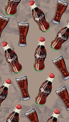 coca cola bottles and glasses with ice on a gray background fabric by paragona