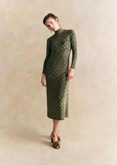 Long-sleeved maxi dress;Floral jacquard knitting;High neckline;Length when worn: 123 cm / 48.4 in (for a S) Jacquard Knitting, Wedding Reception Dresses, Reception Dresses, Maxi Dress Floral, Wedding Reception Dress, Deep Autumn, Gold And Green, Soft Autumn, Floral Jacquard