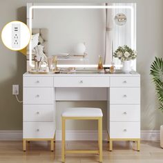 a white dressing table with a mirror and stool in front of it, next to a potted plant