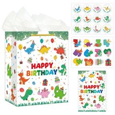 a birthday gift bag with stickers and decorations