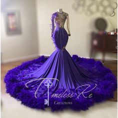 Purple Prom Dress With Feathers, Mascara Ball Dress, Purple And Gold Prom Dresses, Purple And Gold Prom Dress, Purple Prom Dresses Black Women, Royal Purple Prom Dress, Feather Prom Dresses, Baddie Prom Dresses, Prom 2k23