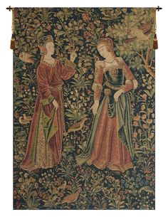 an old tapestry with two women standing next to each other