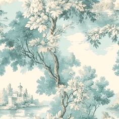 a blue and white wallpaper with trees in the foreground, water on the far side