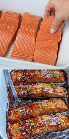 someone is cutting salmon into pieces in a dish with another piece on the plate next to it