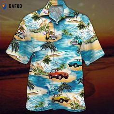 Hawaiian Aloha Shirt Beach And Jeeps Hawaii Casual Hawaiian Shirt With All Over Print For Beach, Summer Beach Camp Shirt With All Over Print, Casual Hawaiian Shirt With All Over Print For Vacation, All Over Print Camp Shirt For Beach In Summer, Vacation Beach Season Tops With All Over Print, Beach Season Tops With All Over Print For Vacation, All Over Print Tops For Beach Vacation, Summer Camp Shirt With All Over Print For Vacation, Summer Tops With All Over Print For Vacation