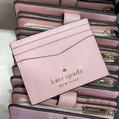 Kate Spade Staci Small Slim Card Holder Chalk Pink Color: Conch Pink New With The Tag Authentic Product Description Here's A Place To Stash Concert Tickets, Photographs, Secret Love Notes...Oh, And Credit Cards Of Course. Details 3.0" H X 3.9" W Saffiano Leather Ksny Metal Pinmount Logo Two Way Spade Jaquard Lining Interior: 6 Credit Card Slots, Bill Fold, Zip Around Coin Compartment With Center Divider Dust Bag Not Included Imported Style # Green Kate Spade Purse, Pink Kate Spade Wallet, Katespade Card Holder, Cute Card Holder Wallet, Kate Spade Chalk Pink, Pink Must Haves, Kate Spade Pink Bag, Kate Spade Pink Wallet, Pink Card Holder