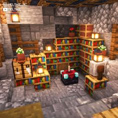 a room filled with lots of different types of furniture and bookshelves in minecraft